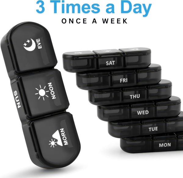 Portable Medicine Organizer 3 Times a Day for 1 Week (Black) – Travel Friendly Pill Box with Large Compartments - Light Proof Pill Organizer for Vitamins, Fish Oils, Medication and Supplements
