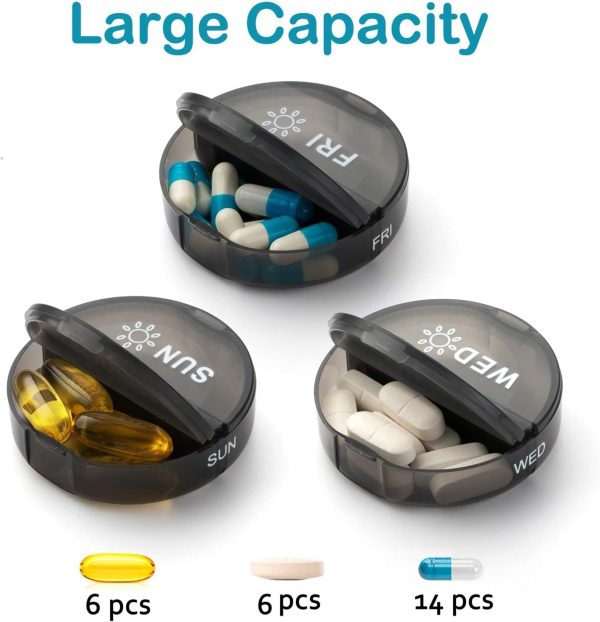 Yaklim Weekly Pill Organizer 2 Times a Day,AM PM Large Daily Pill Box with PU Leather Case for Travel,Round Medicine Organizer,7 Day Pill Container for Vitamin Fish Oils Supplement-Black