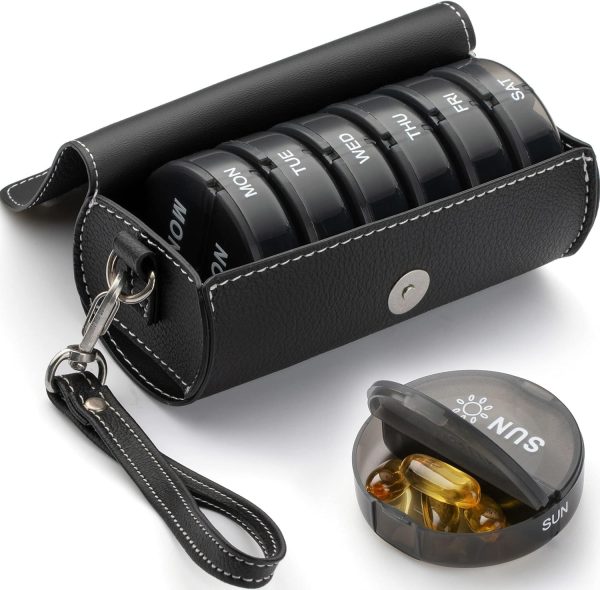 Yaklim Weekly Pill Organizer 2 Times a Day,AM PM Large Daily Pill Box with PU Leather Case for Travel,Round Medicine Organizer,7 Day Pill Container for Vitamin Fish Oils Supplement-Black