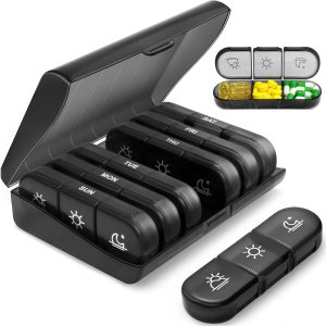 Portable Medicine Organizer 3 Times a Day for 1 Week (Black) – Travel Friendly Pill Box with Large Compartments - Light Proof Pill Organizer for Vitamins, Fish Oils, Medication and Supplements