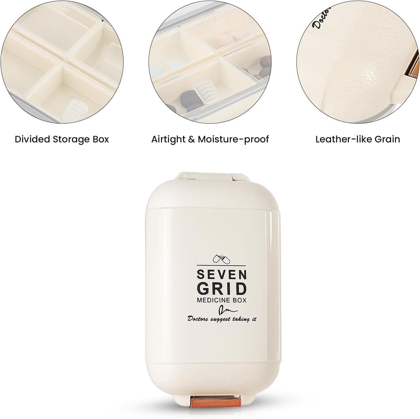 Portable Pill Organizer 7 Compartment Mini Pill Box Travel Medicine Storage Case Weekly Medication Dispenser for Vitamins Supplements White