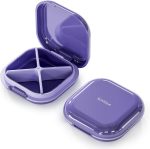 Small Pill Case, Travel Pill Box, Portable Pill Organizer, Pill Container for Pocket 4 Compartments, Daily Compact Travel Medicine Holder for Vitamins Medication (Purple)