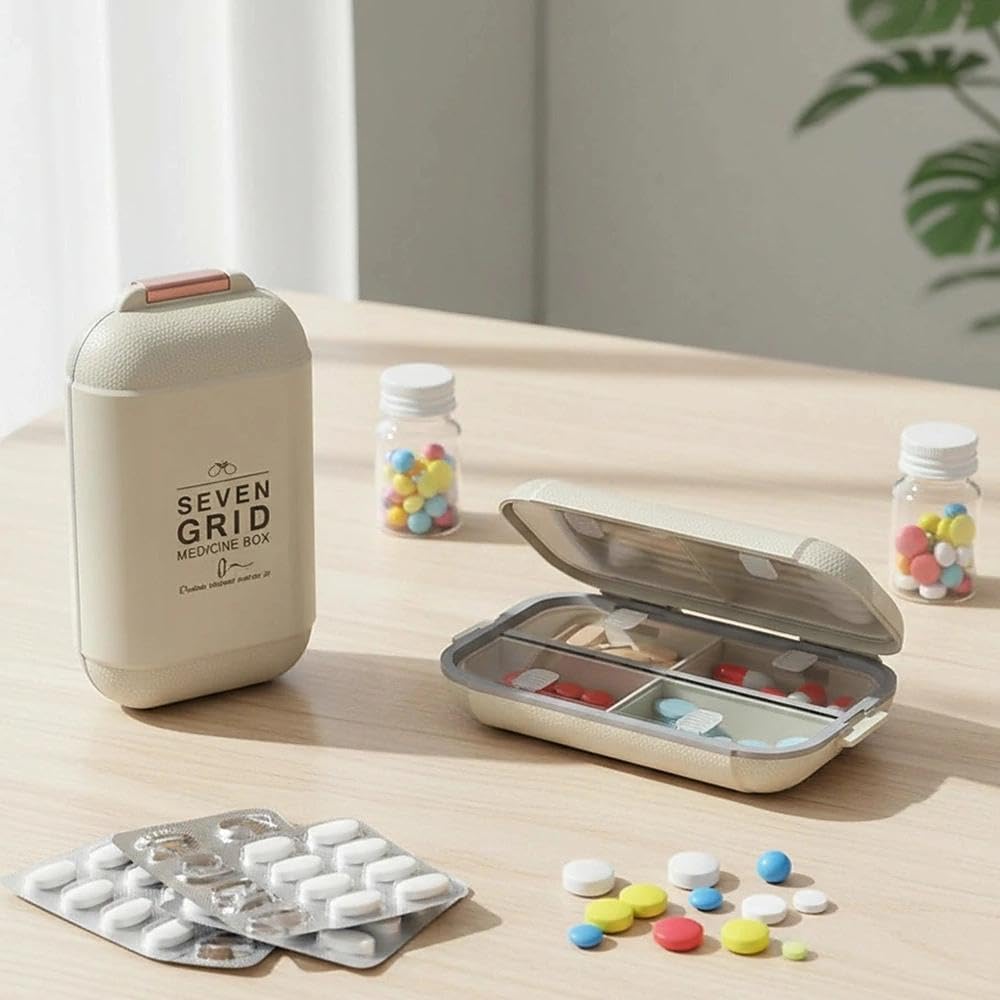 Portable Pill Organizer 7 Compartment Mini Pill Box Travel Medicine Storage Case Weekly Medication Dispenser for Vitamins Supplements White