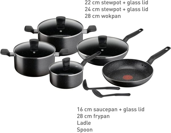 TEFAL Cookware Set | Dark Stone 11 pcs Cooking Set | Non-stick | stewpots 22/24 cm + lids | saucepan 18 cm | frypan 28 cm | wokpan 28 cm | spoon | ladle | Aluminium | 2 Years Warranty | B491SB85