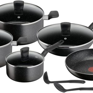 TEFAL Cookware Set | Dark Stone 11 pcs Cooking Set | Non-stick | stewpots 22/24 cm + lids | saucepan 18 cm | frypan 28 cm | wokpan 28 cm | spoon | ladle | Aluminium | 2 Years Warranty | B491SB85