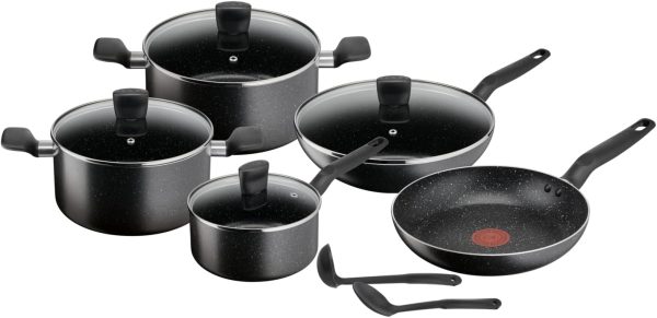 TEFAL Cookware Set | Dark Stone 11 pcs Cooking Set | Non-stick | stewpots 22/24 cm + lids | saucepan 18 cm | frypan 28 cm | wokpan 28 cm | spoon | ladle | Aluminium | 2 Years Warranty | B491SB85