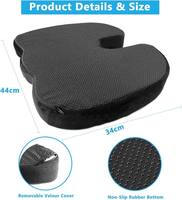 Gluckluz Coccyx Seat Cushion Orthopedic Chair Pad Pain Relief Memory Foam Cushion with Cover for Office Chair Car Tailbone Sciatica Wheelchair (Black)