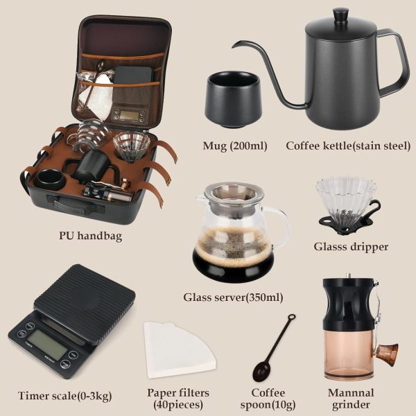 Tzmovqix Pour Over Coffee Maker Set, Coffee Kettle Scale, Coffee Dripper, Bean Grinder, Glass Server, Drip Cup, Filter Paper, All in 1, Traveling Camping Hiking(Manual Coffee Kit)