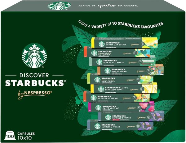 Starbucks Variety Pack of 10 Flavors by Nespresso Coffee Pods (Pack of 10, Total 100 Capsules) [Amazon Exclusive]