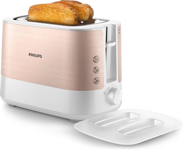 Philips Toaster Viva Collection - 950W, 2 Extra Wide Slots, Built-in Bun Warmer, 7 Browning Levels, Cancel Button, Rose Gold Metallic/White - HD2637/11