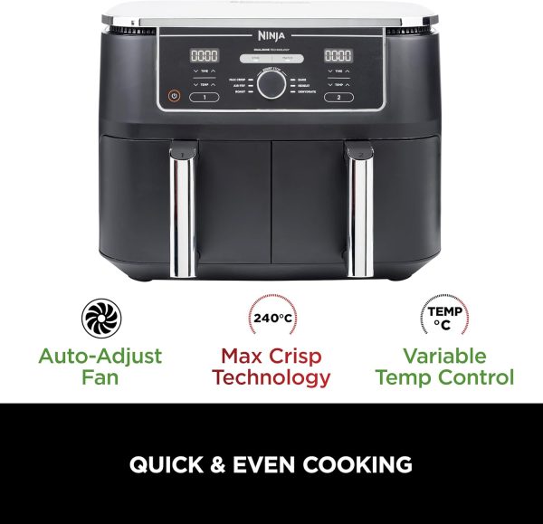 Ninja Foodi MAX Dual Zone Digital Air Fryer, 2 Drawers, 9.5L, 6-in-1, Uses No Oil, Air Fry, Max Crisp, Roast, Bake, Reheat, Dehydrate, Cook 8 Portions, Non-Stick Dishwasher Safe Baskets, Black AF400ME