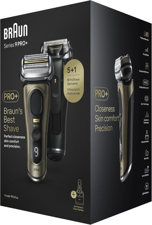 Braun Series 9 Pro+ 9569cc Wet & Dry Shaver, Electric Razor for Men, Pro Shave Elements & Precision Long Hair Trimmer, 6-in-1 SmartCare Center and Travel Case, 60min Battery Runtime - Gold