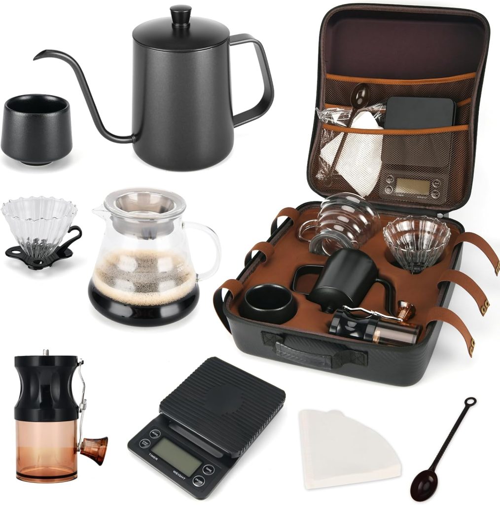 Tzmovqix Pour Over Coffee Maker Set, Coffee Kettle Scale, Coffee Dripper, Bean Grinder, Glass Server, Drip Cup, Filter Paper, All in 1, Traveling Camping Hiking(Manual Coffee Kit)