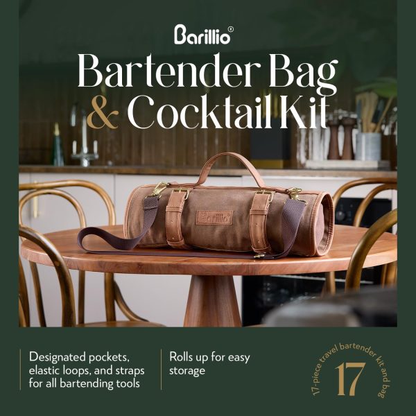 Barillio Bartender Bag Travel Bartender Kit Bag with Bar Tools | Professional 17-Piece Bar Tool Set with Portable Waxed Canvas Bag Including Shoulder Strap for Easy Carry | Travel Cocktail Set……