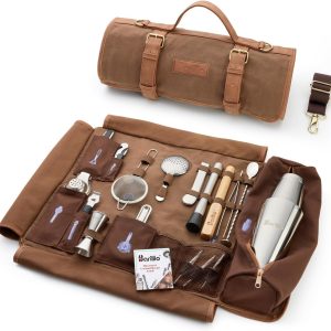 Barillio Bartender Bag Travel Bartender Kit Bag with Bar Tools | Professional 17-Piece Bar Tool Set with Portable Waxed Canvas Bag Including Shoulder Strap for Easy Carry | Travel Cocktail Set……