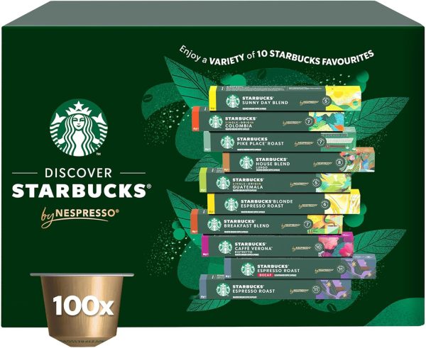 Starbucks Variety Pack of 10 Flavors by Nespresso Coffee Pods (Pack of 10, Total 100 Capsules) [Amazon Exclusive]