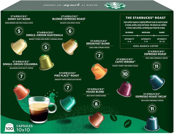 Starbucks Variety Pack of 10 Flavors by Nespresso Coffee Pods (Pack of 10, Total 100 Capsules) [Amazon Exclusive]