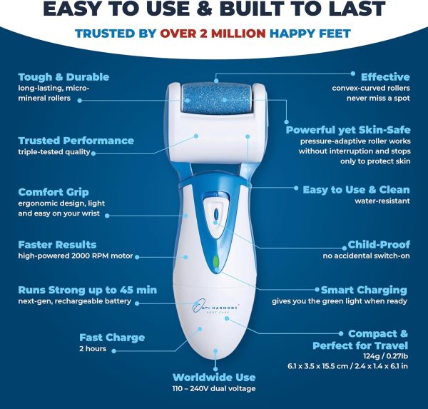 Electric Foot Callus Remover: Rechargeable Foot Scrubber File CR900 by Own Harmony - Best Pedicure Tools w 3 Rollers, Professional Pedi Feet Care Sander for Cracked Heels and Dead Skin (USB Cable)