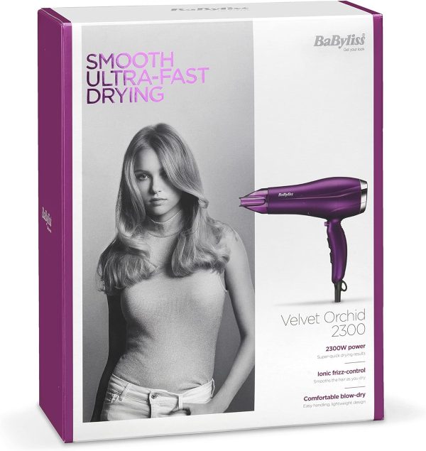 BaByliss Velvet Orchid 2300 DC Hair Dryer, Built-in 3 Heat & 2 Speed Settings With Cool Shot, Ionic frizz-Control For Smooth Hair, Stylish Lightweight Design For Comfort Use, 5513PSDE