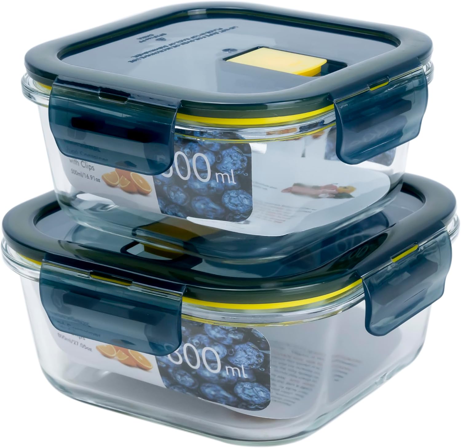 Mondex 2PCS Borosilicate Glass Food Saver Set Food Storage Container Lunchbox set with Vent - 500ml & 800ml Capacity, Openable and Secure Air Vents, Silicone Seals, Plastic Lids