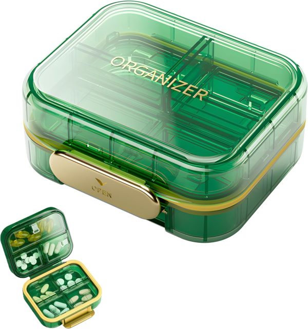 NALACAL 7 Compartments Portable Travel Pill Organizer, Moisture Proof Case for Purse, Small Container, Pocket Pharmacy, Medicine Vitamin Box, Fish Oil and Supplement Storage (Green)